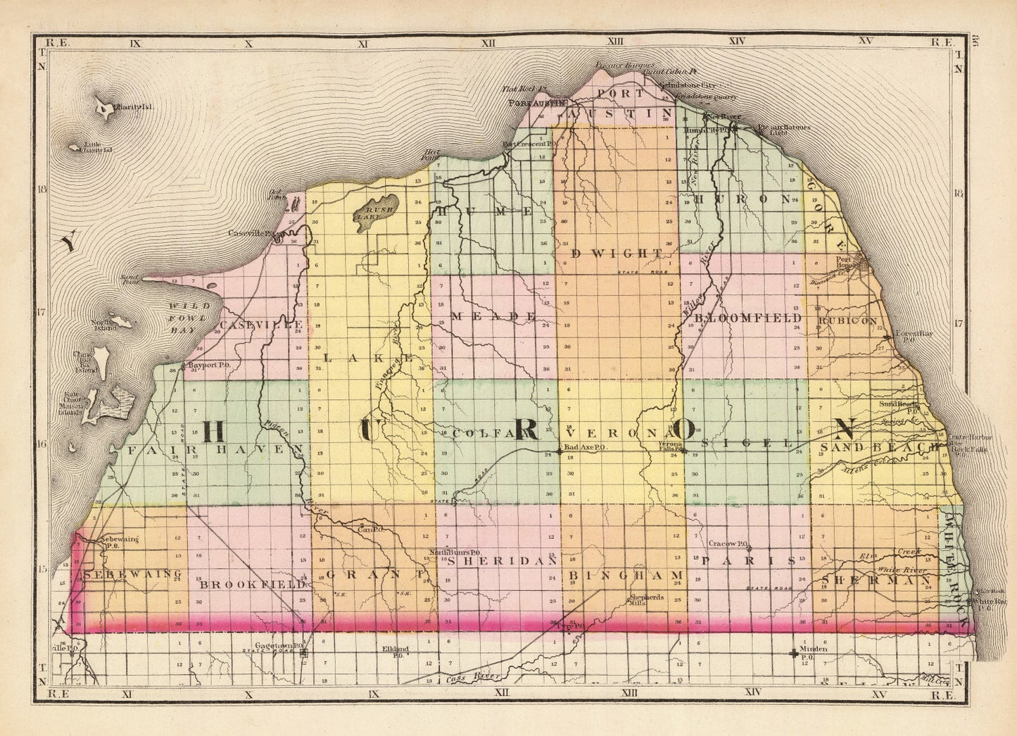 Vintage Map of Huron County, Michigan, 1873