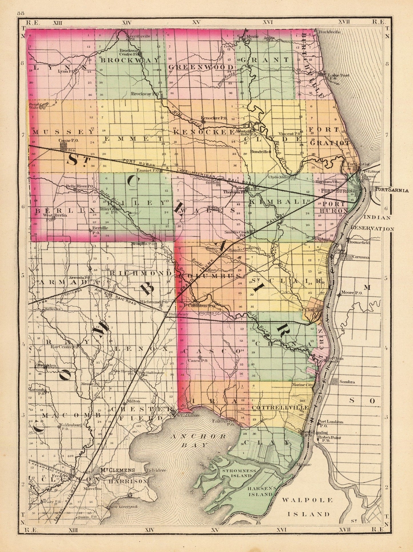 Vintage Map of St. Clair County, Michigan, 1873