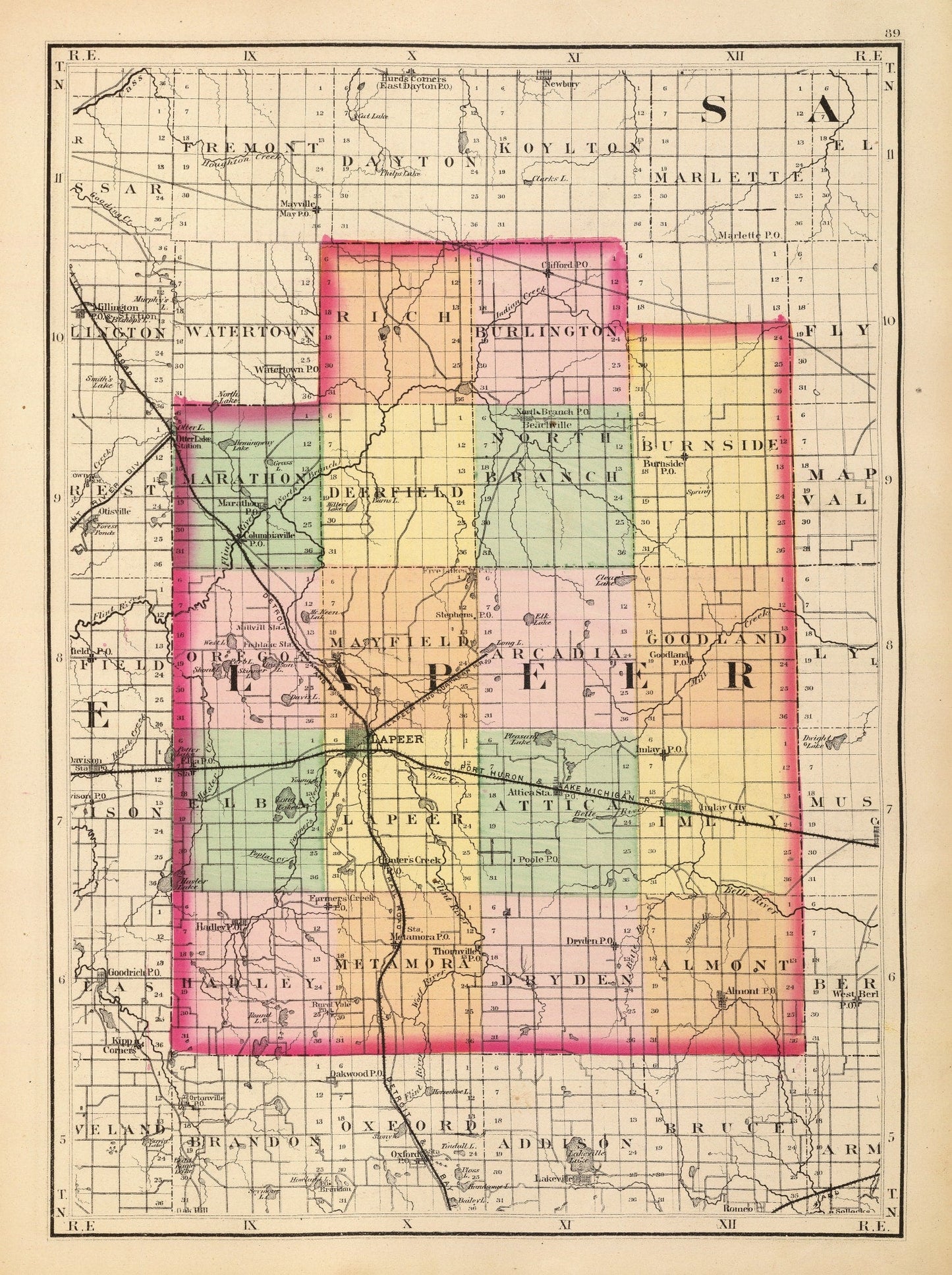 Vintage Map of Lapeer County, Michigan, 1873