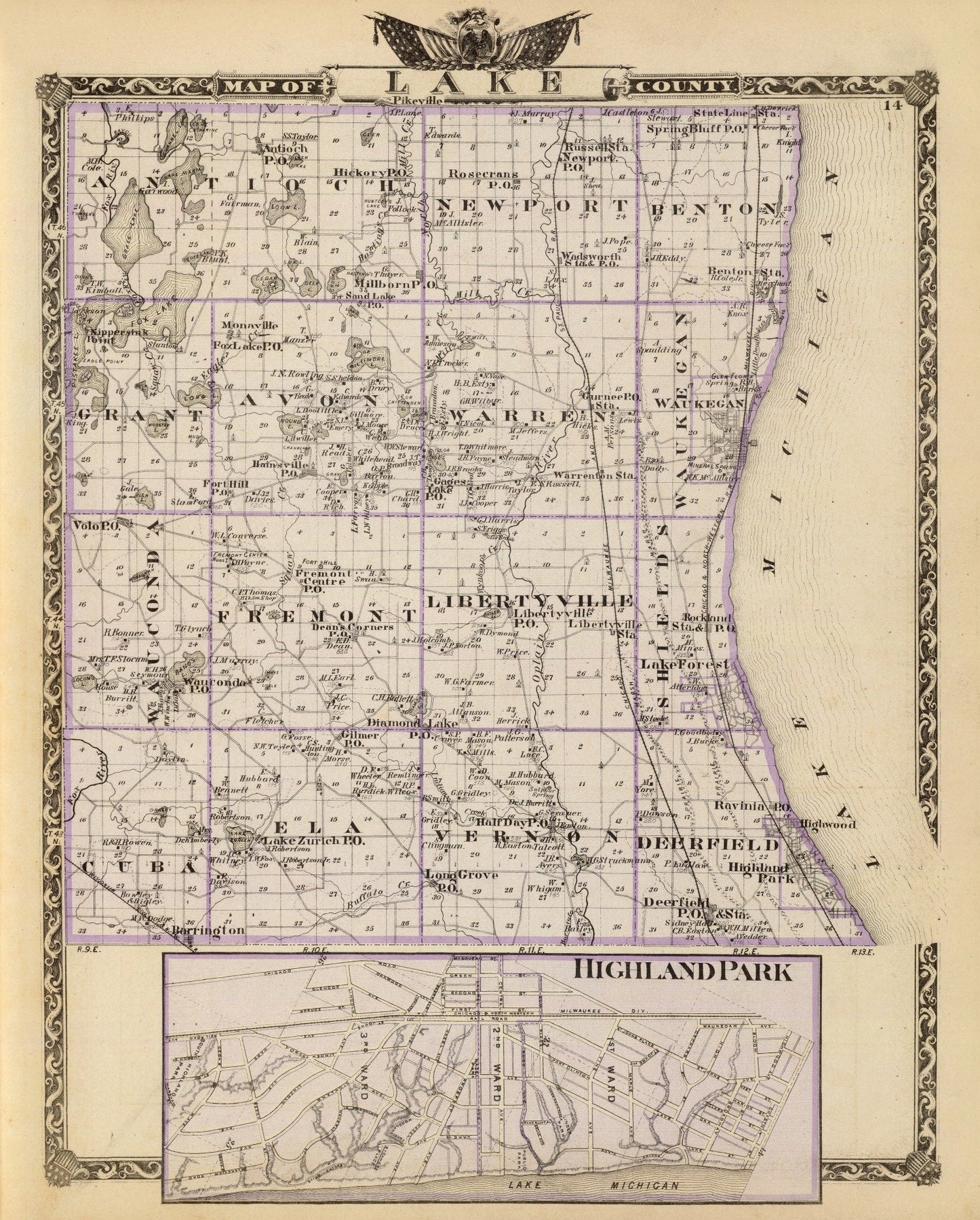 Vintage Map of Lake County, Illinois, 1876