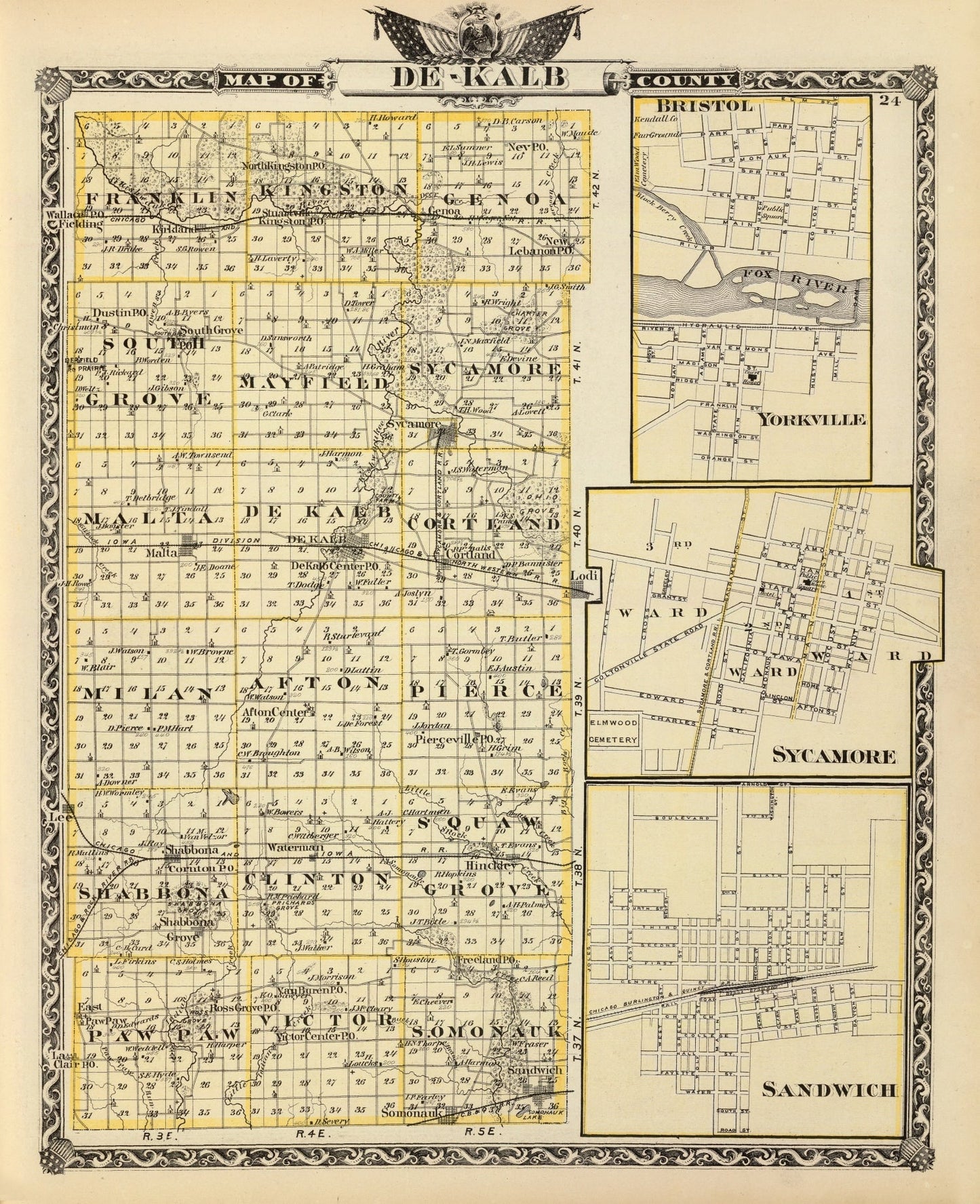 Vintage Map of DeKalb County, Illinois, 1876