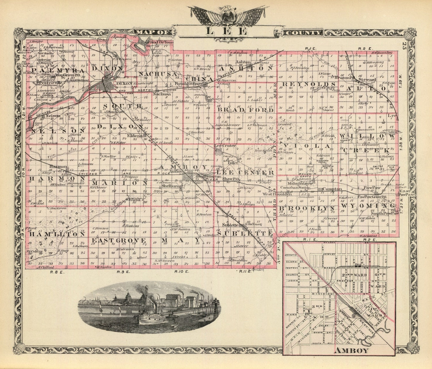 Vintage Map of Lee County, Illinois, 1876