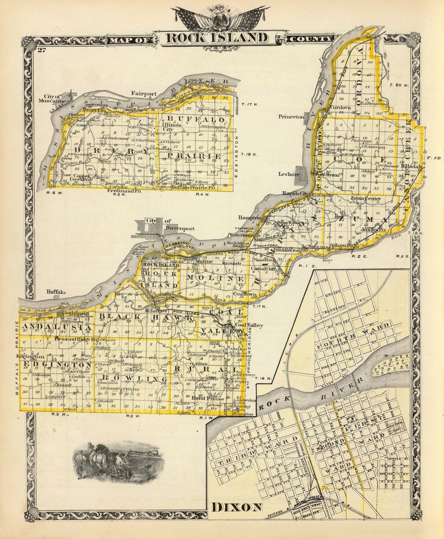 Vintage Map of Rock Island County, Illinois, 1876