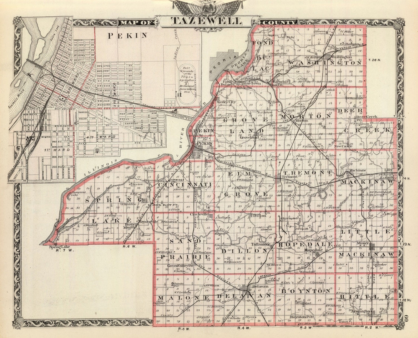 Vintage Map of Tazewell County, Illinois, 1876