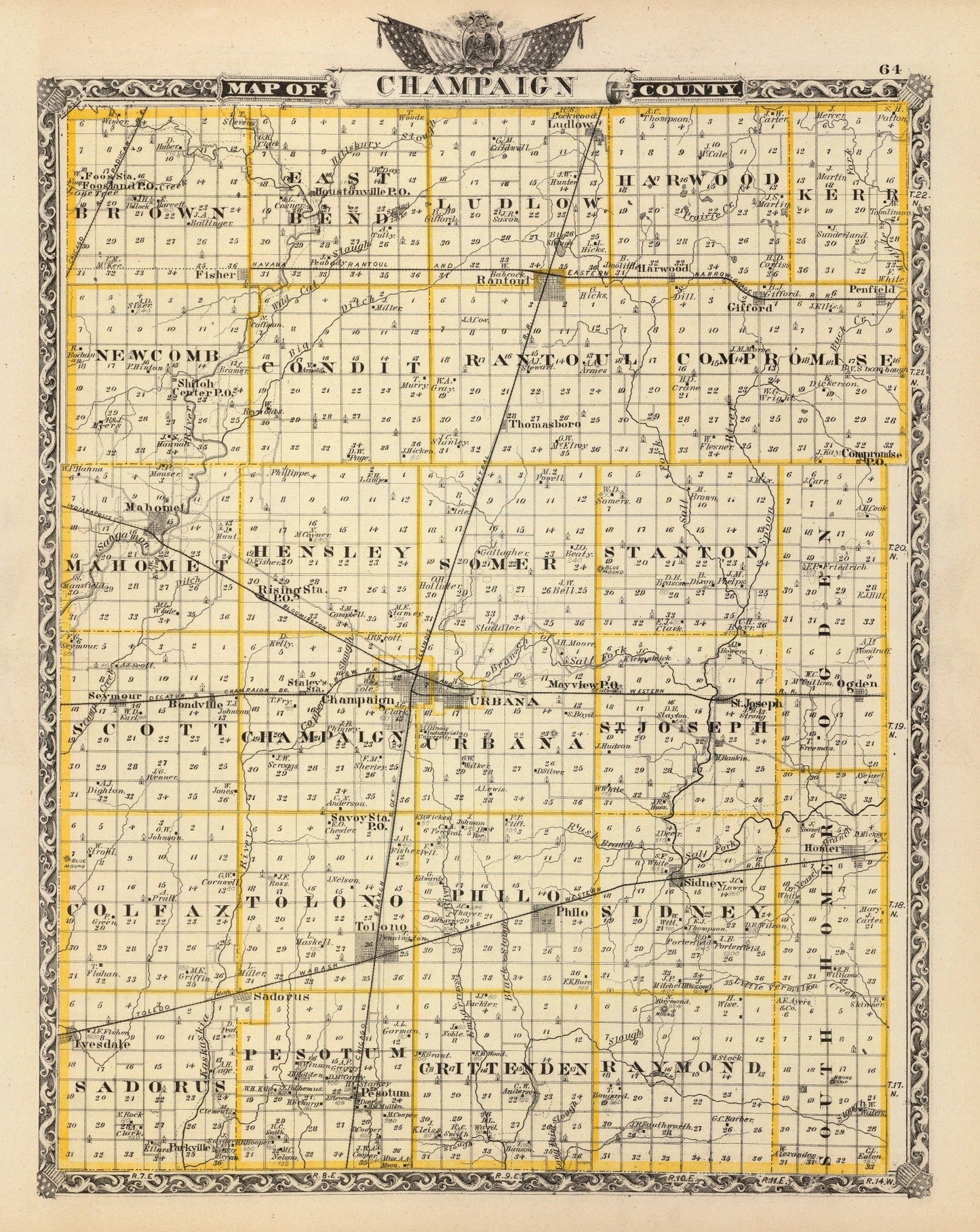 Vintage Map of Champaign County, Illinois, 1876