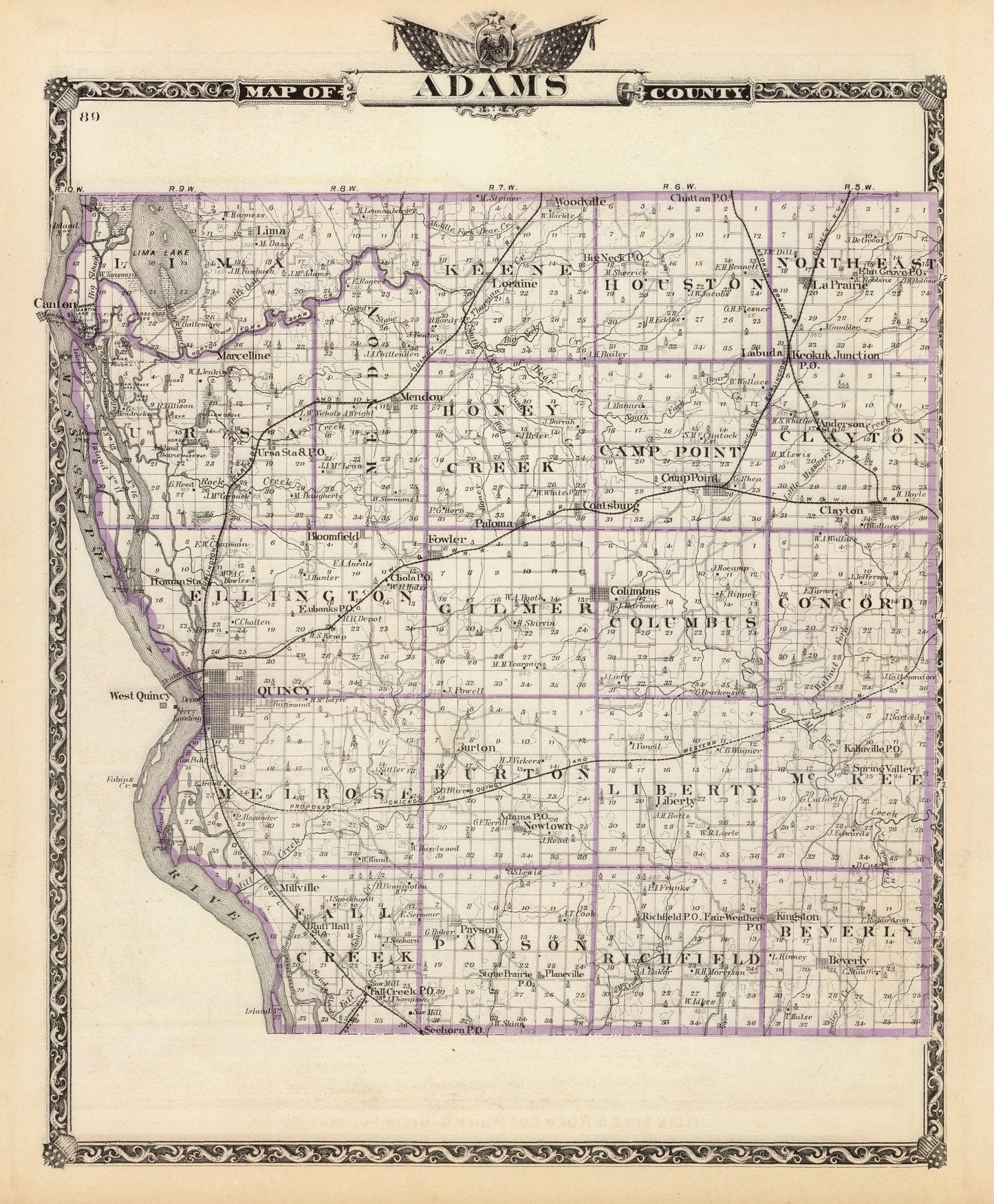 Vintage Map of Adams County, Illinois, 1876