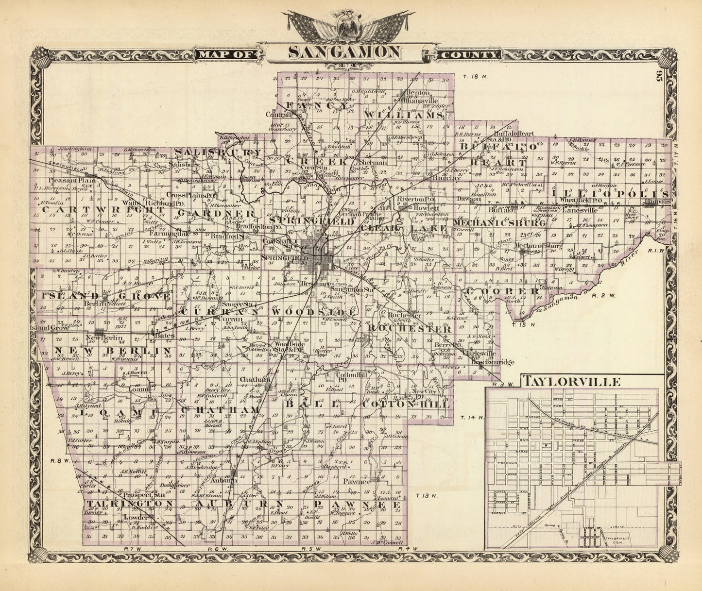 Vintage Map of Sangamon County, Illinois, 1876