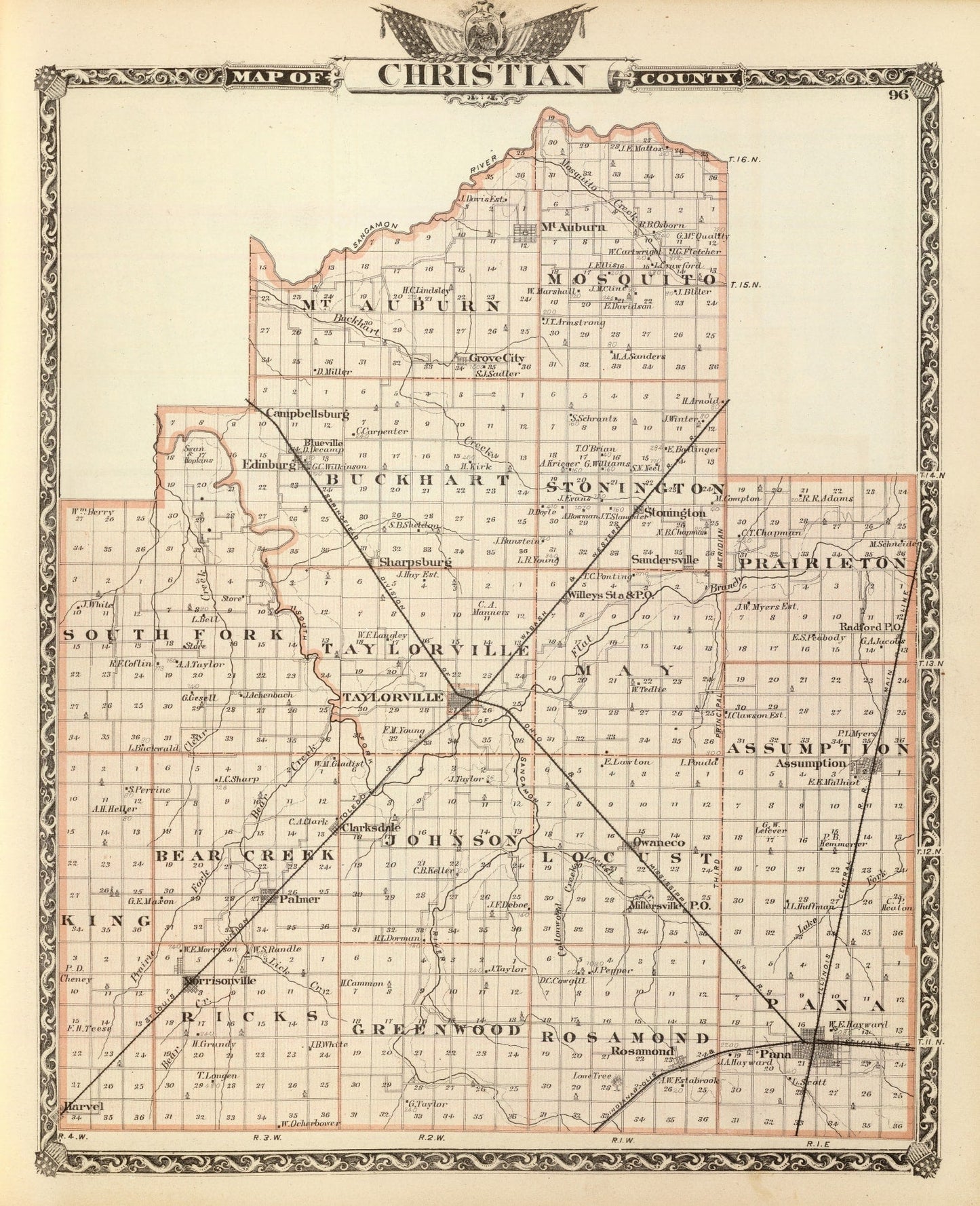 Vintage Map of Christian County, Illinois, 1876