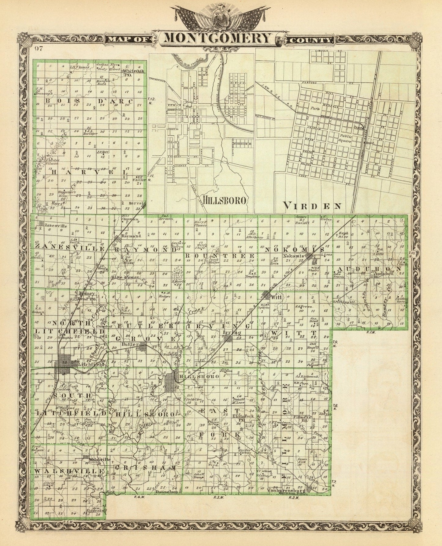 Vintage Map of Montgomery County, Illinois, 1876