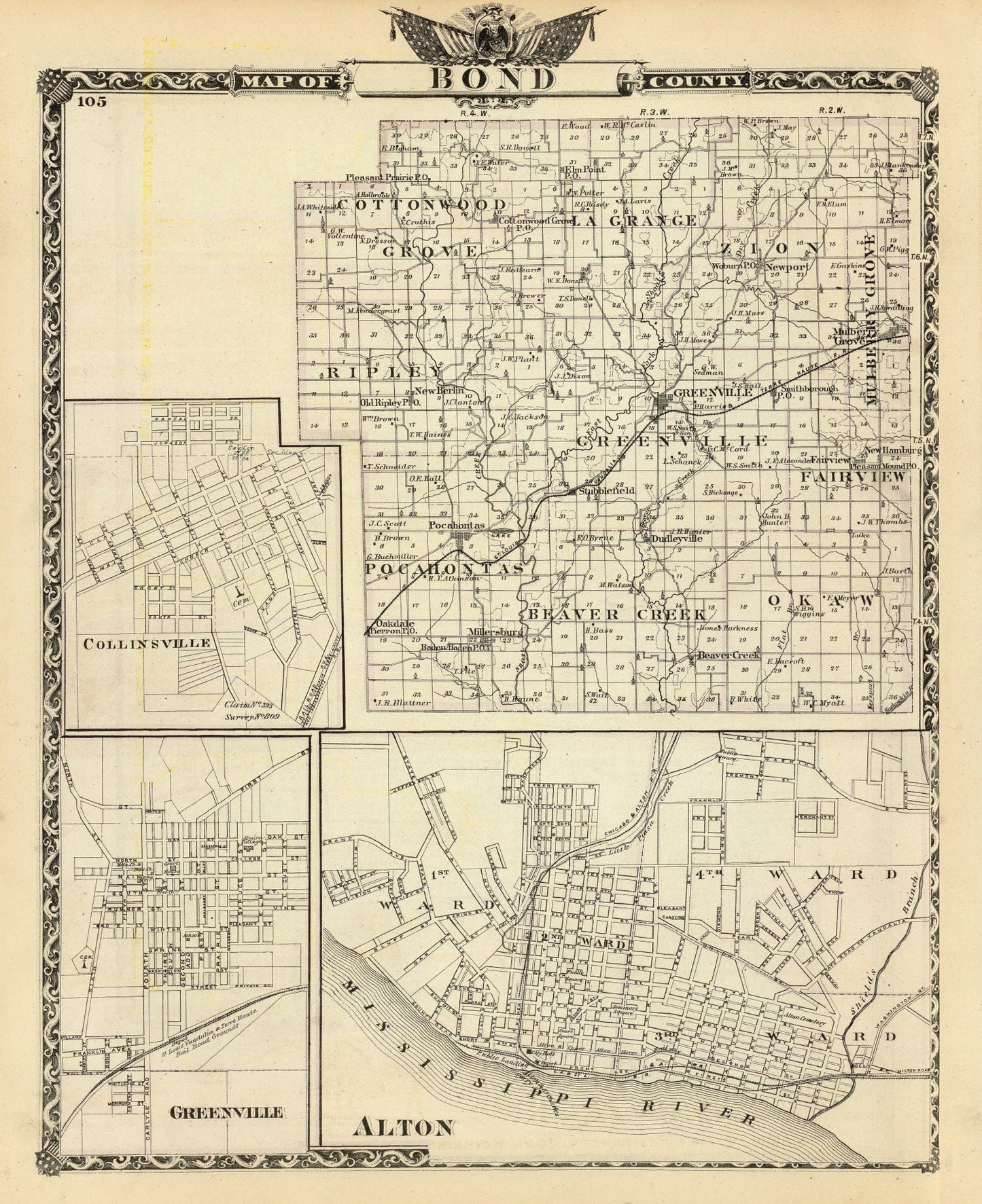 Vintage Map of Bond County, Illinois, 1876