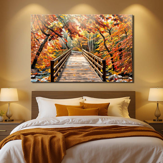 Wooden Bridge Through an Autumn Forest canvas shown in a styled room setting, view 2