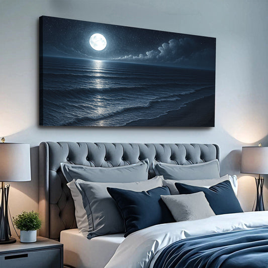 Full Moon Over a Dark Sea canvas shown in a styled room setting, view 2