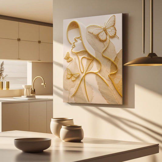 Cream Woman Face with Butterflies canvas shown in a styled room setting, view 2