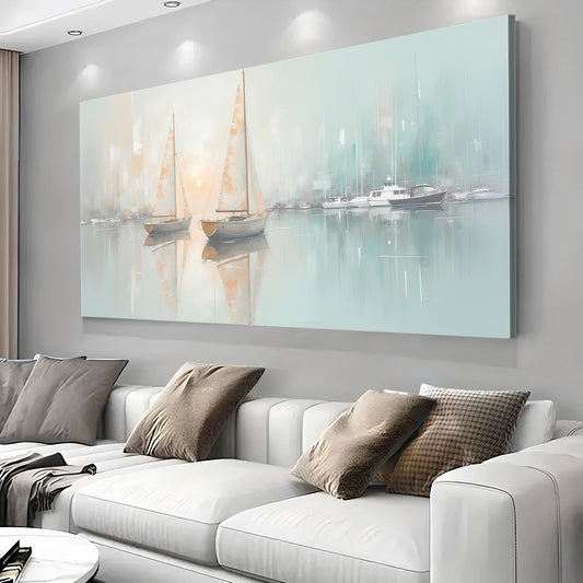 Misty Harbor with White Sailboats canvas shown in a styled room setting, view 2