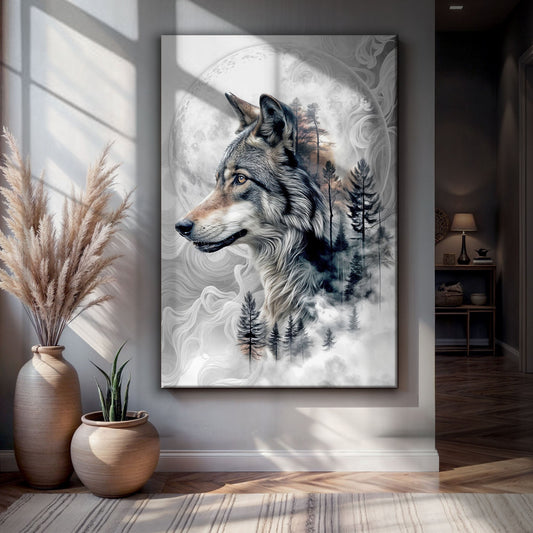 Gray Wolf Profile with Pines and Full Moon canvas shown in a styled room setting, view 2