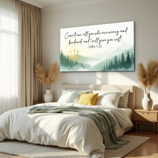 Matthew 11:28 Come to Me Misty Pines canvas shown in a styled room setting, view 2