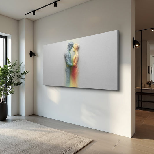 Rainbow Couple Embrace on White canvas shown in a styled room setting, view 2