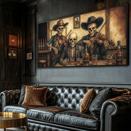 Three Skeleton Cowboys at a Western Bar canvas shown in a styled room setting, view 2
