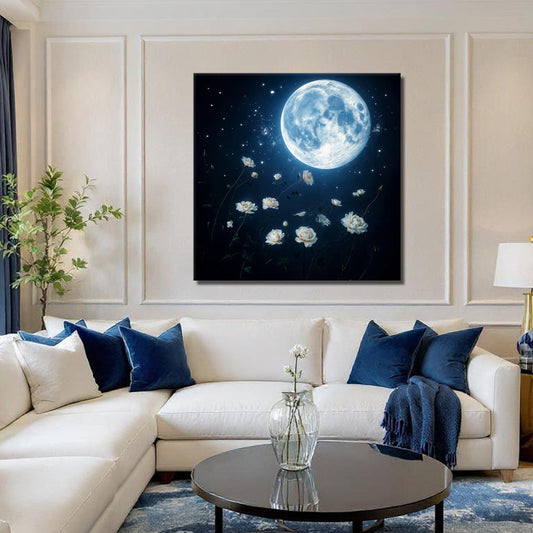 Full Moon and White Blossoms canvas shown in a styled room setting, view 2