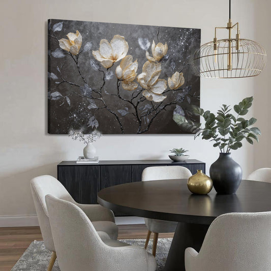 White Magnolias on Charcoal canvas shown in a styled room setting, view 2