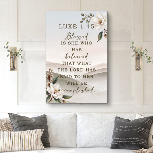 Luke 1:45 Blessed Is She Magnolia canvas shown in a styled room setting, view 2