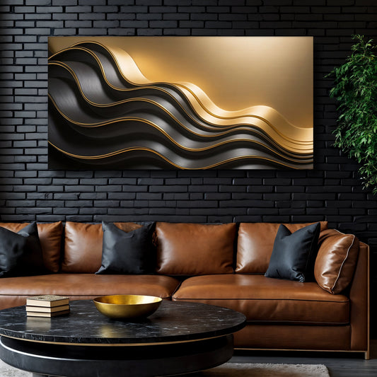 Curling Gold and Black Wave on Charcoal canvas shown in a styled room setting, view 2