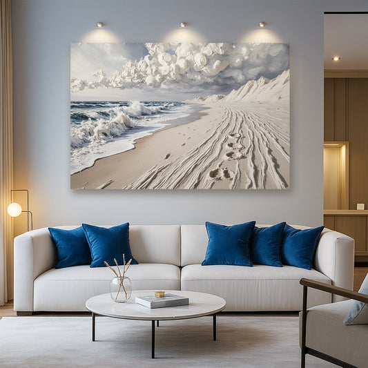 Footprints on the Beach White and Grey canvas shown in a styled room setting, view 2