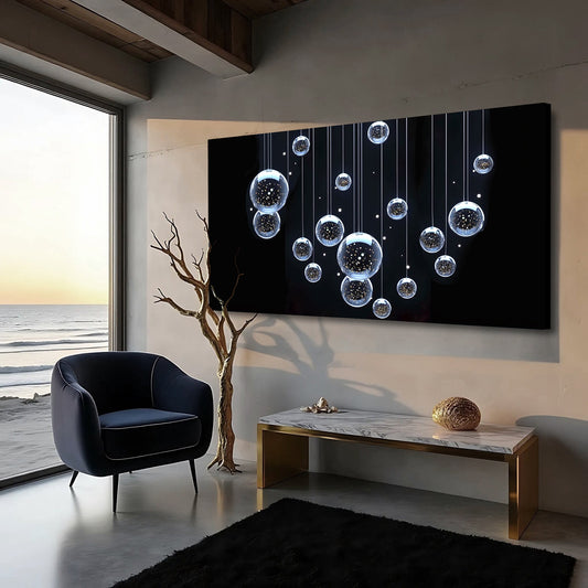 Hanging Glass Spheres Abstract canvas shown in a styled room setting, view 2