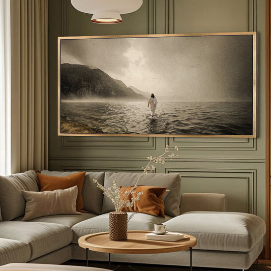 Jesus Walking on Water Sepia Headland canvas shown in a styled room setting, view 2