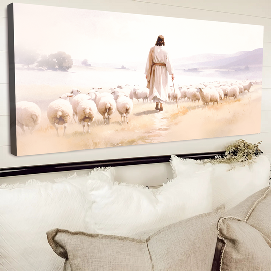 Jesus Leading White Sheep Pink Light canvas shown in a styled room setting, view 2