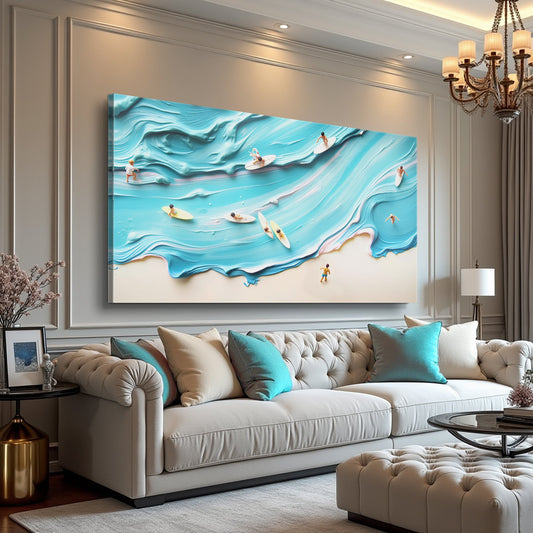 Aerial Turquoise Surf and Beachgoers canvas shown in a styled room setting, view 2