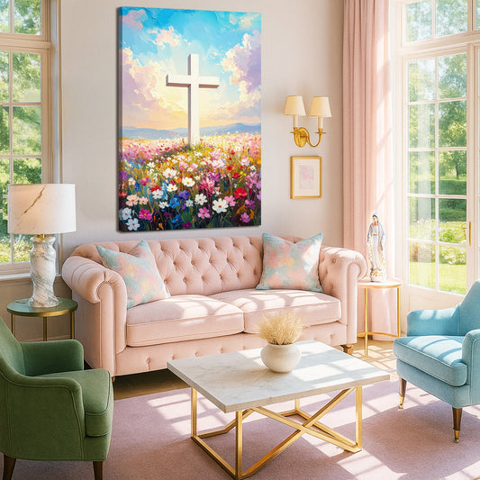 White Cross Wildflower Field Pastel Sky canvas shown in a styled room setting, view 2