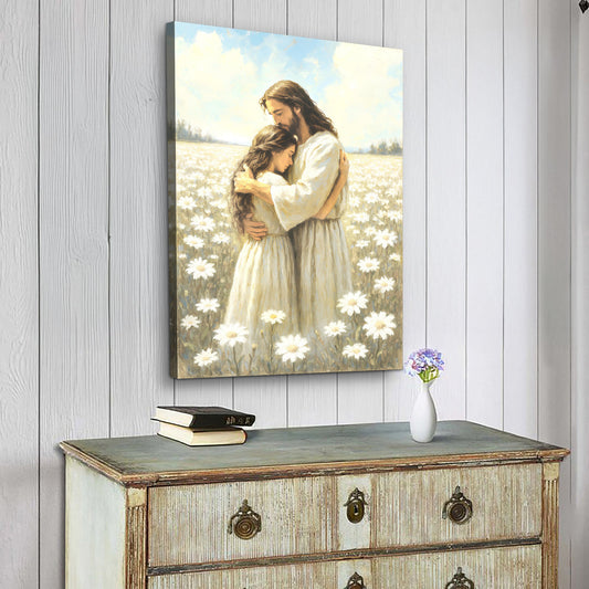 Jesus Embracing a Woman in a Daisy Field canvas shown in a styled room setting, view 2