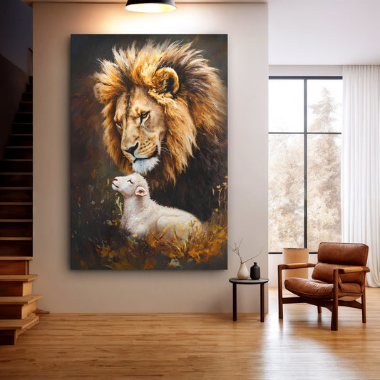 Golden Lion and White Lamb Dark Background canvas shown in a styled room setting, view 2