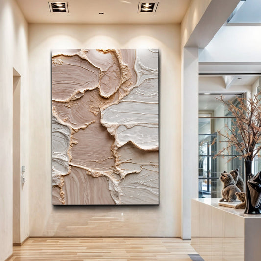 Ivory and Taupe Overlapping Shapes Abstract canvas shown in a styled room setting, view 2