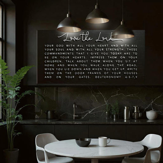 Deuteronomy 6:5-9 Love the Lord Black canvas shown in a styled room setting, view 2