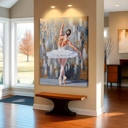 Ballerina in a White Tutu on Grey and Gold canvas shown in a styled room setting, view 2