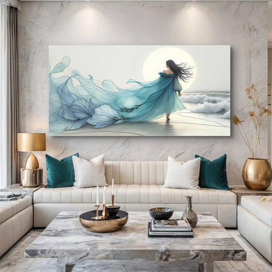Woman in a Blue Dress by the Moonlit Sea canvas shown in a styled room setting, view 2