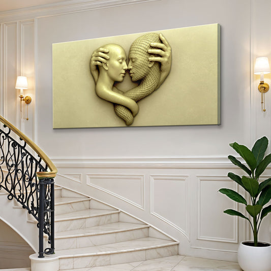 Pale Gold Couple Faces Touching canvas shown in a styled room setting, view 2