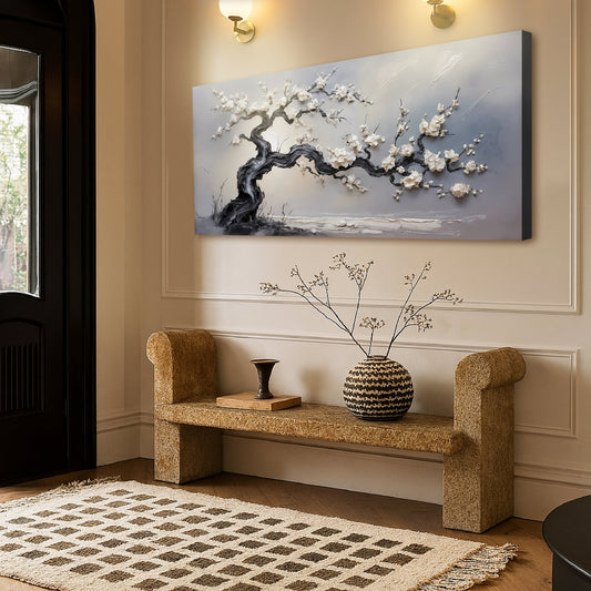 White Blossom Tree with Dark Trunk on Grey canvas shown in a styled room setting, view 2