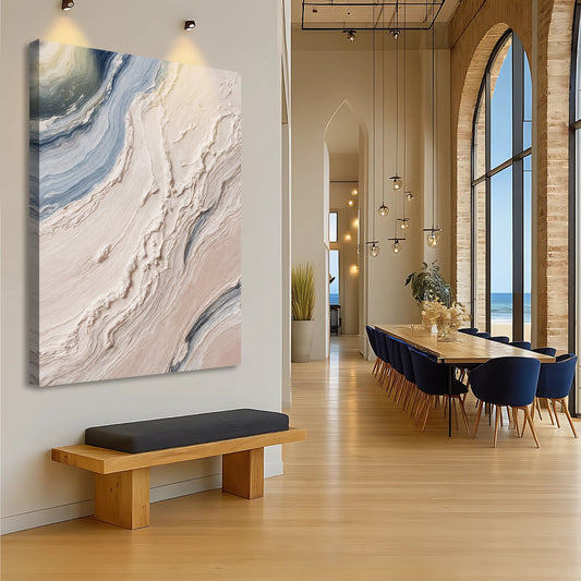 Soft Blue and Cream Wave Bands Abstract canvas shown in a styled room setting, view 2