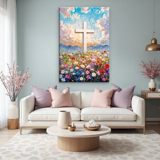 Cross Over Colorful Wildflower Meadow Sunrise canvas shown in a styled room setting, view 2