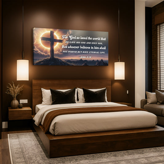 John 3:16 Wooden Cross at Eclipse Glow Sign canvas shown in a styled room setting, view 2
