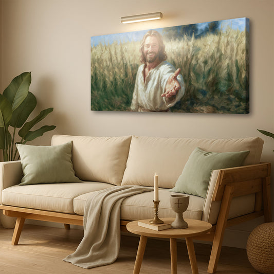 Jesus Offering His Hand in Pale Green Wheat canvas shown in a styled room setting, view 2