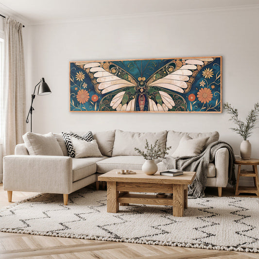 Vintage Butterfly with Floral Wings Panoramic canvas shown in a styled room setting, view 2