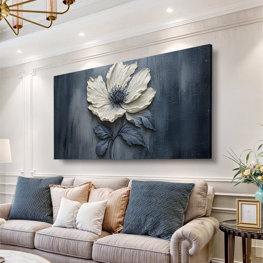 White Flower on Navy Panoramic canvas shown in a styled room setting, view 2