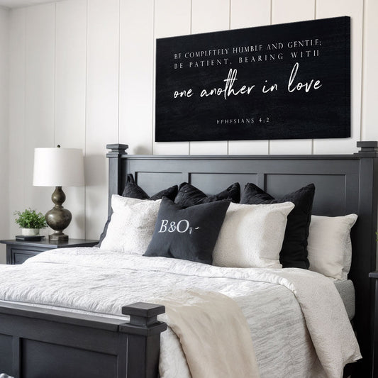 Ephesians 4:2 Bearing With One Another Charcoal canvas shown in a styled room setting, view 2