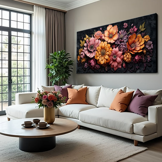 Pink and Orange Flowers on Black Panoramic canvas shown in a styled room setting, view 2