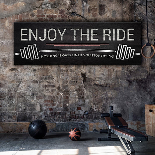 Enjoy the Ride Barbell Gym Sign canvas shown in a styled room setting, view 2
