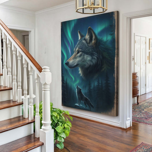 Wolf Under the Northern Lights canvas shown in a styled room setting, view 2